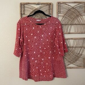 YOU-BE Floral Top Blouse Tunic Art to Wear Lagenlook Artsy Red Daisy Sz S/M B3